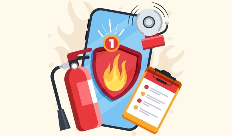 A business owner reviewing a fire safety checklist with fire extinguishers and emergency signs in the background.