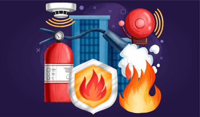 Employees participating in a fire drill in a workplace, showcasing the importance of fire systems training and emergency preparedness.